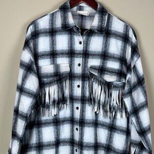 Altar’d State Black/White Flannel Shacket Fringe Chest Pockets; Size S